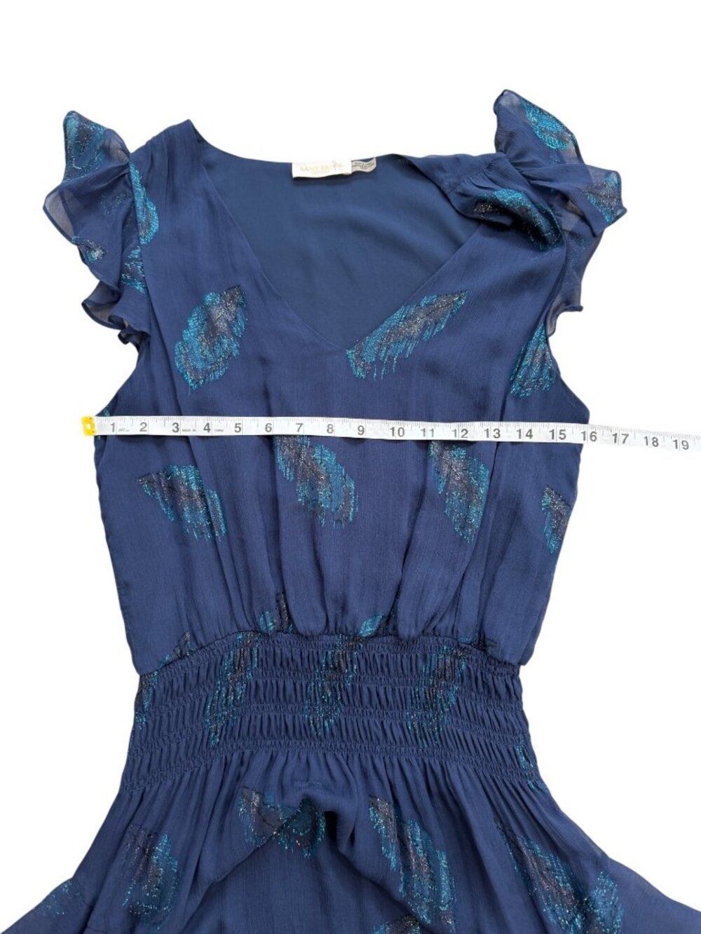 Ramy Brook Womens XS Silk Mini Dress Blue Metallic Feather Print Chiffon Ruffle - Picture 5 of 8